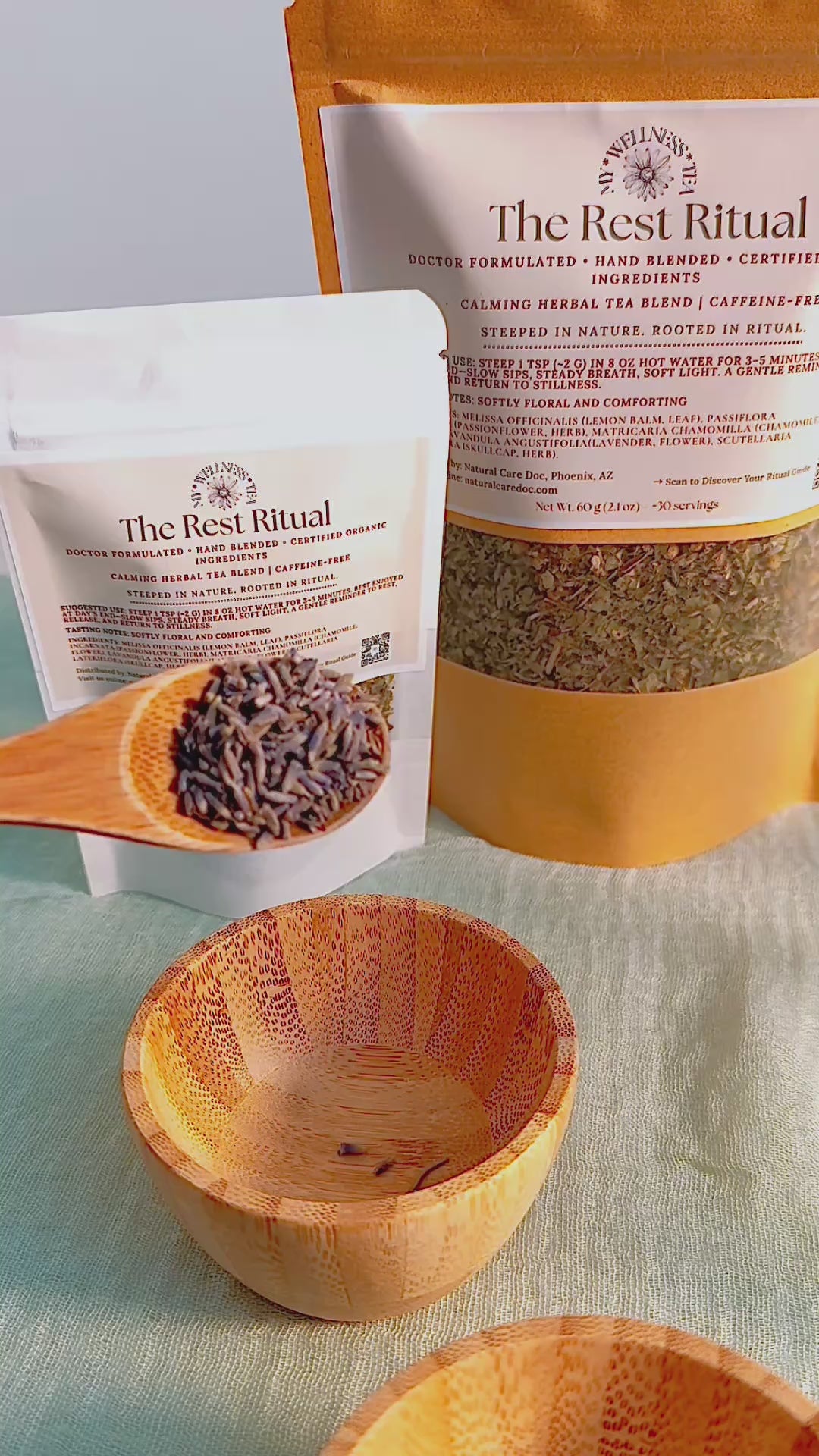 Load video: A slow, calming evening video showing a doctor-formulated herbal tea blend being poured and brewed. Soft lighting, warm tones, and close-up shots of chamomile, lavender, and lemon balm create a soothing nighttime ritual mood.